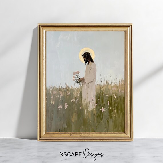 Jesus In Wildflower Meadow Holding Blooms Peaceful Christian Art Poster
