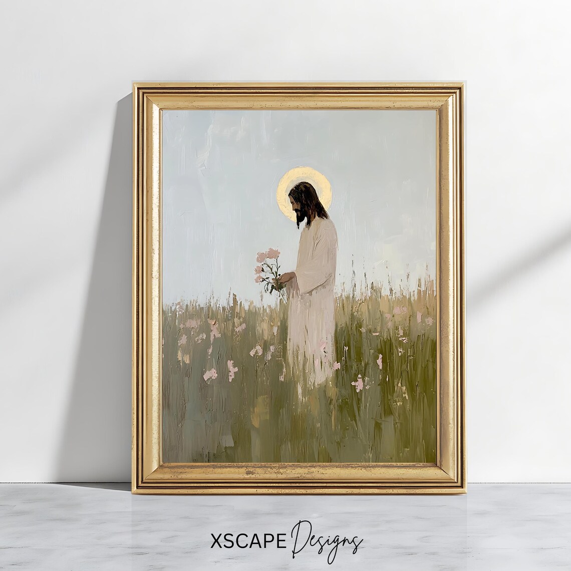 Jesus In Wildflower Meadow Holding Blooms Peaceful Christian Art Poster