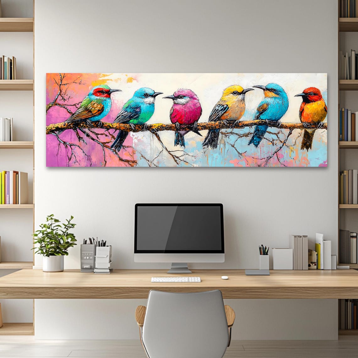 Six Colorful Birds On Branch Watercolor Panoramic Nature Bird Wall Art - Image 2