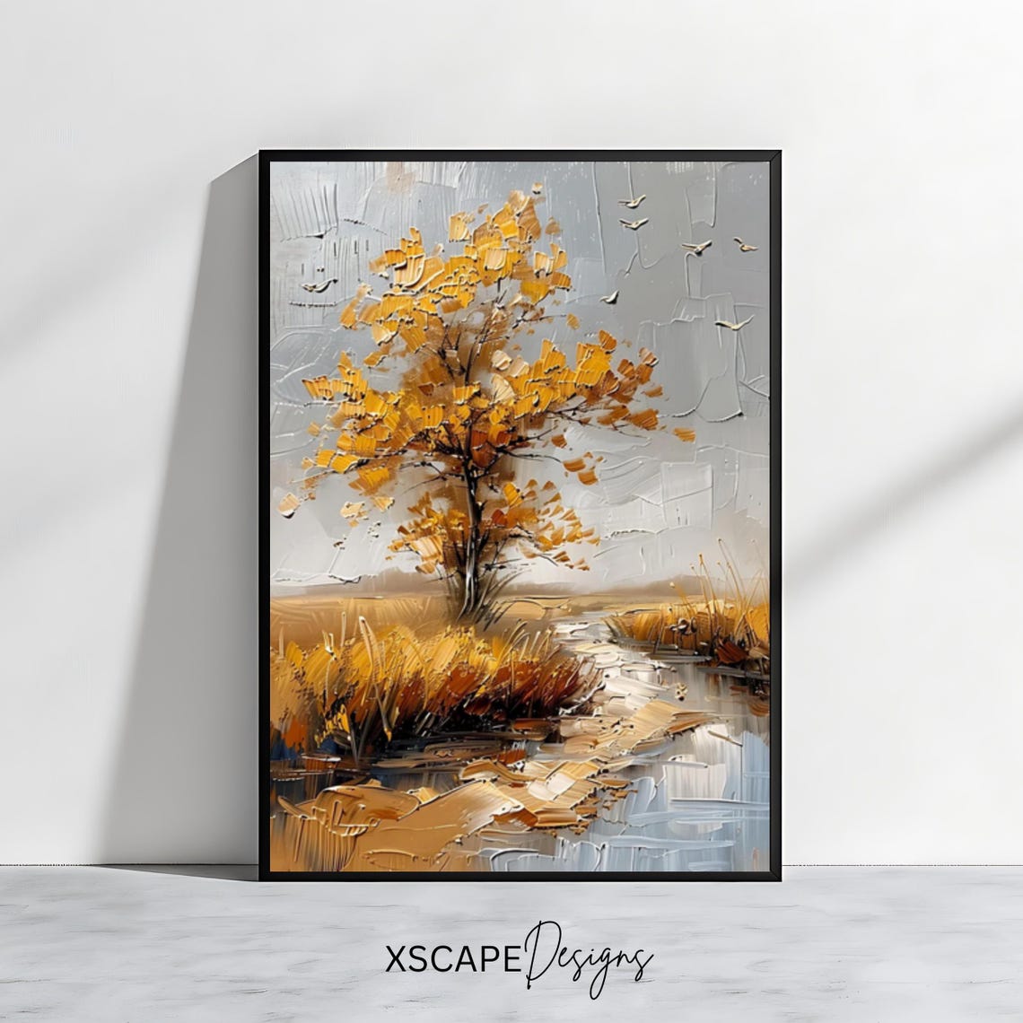 Golden Autumn Tree by a Calm Lake Impasto Style Fall Landscape Poster