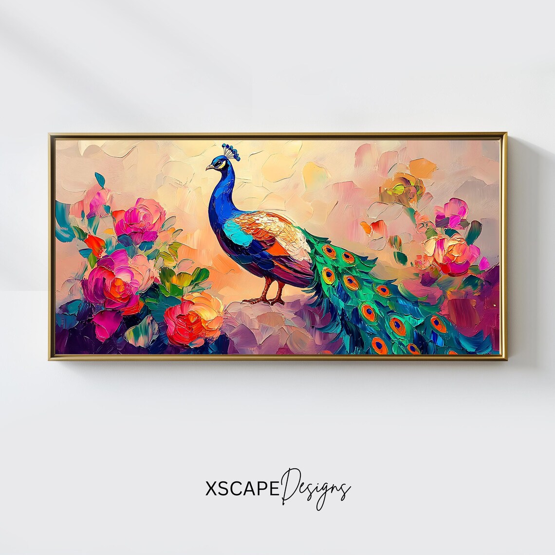 Peacock Wall Art, Panoramic Floral Artwork