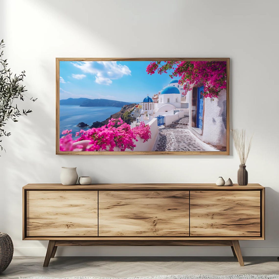 Santorini Greece Oia Blue Domes Bougainvillea Caldera View Poster - Image 3