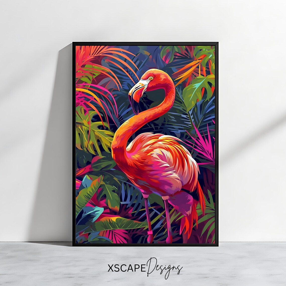 Pink Flamingo Neon Tropical Jungle Foliage Vibrant Wildlife Art Poster