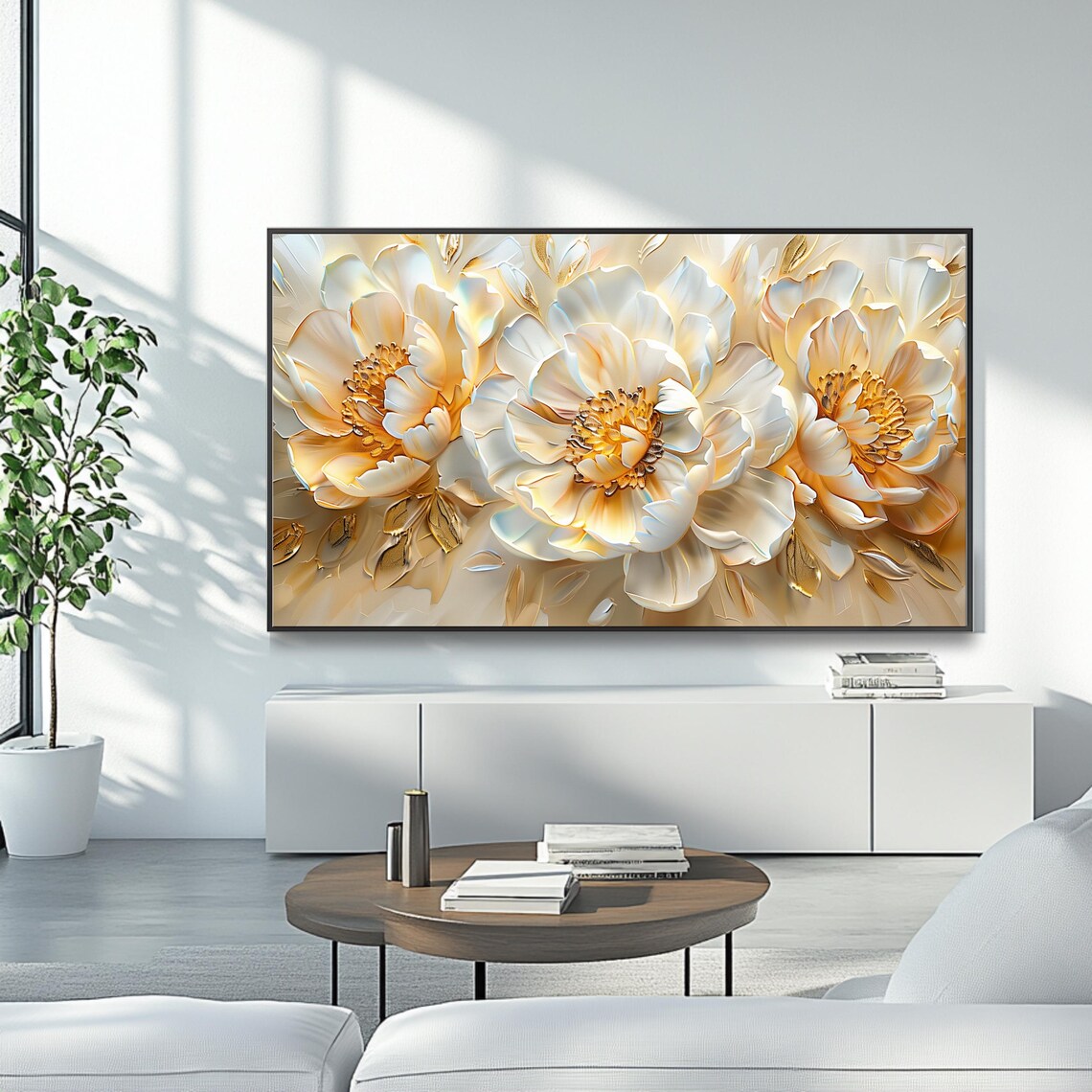 White And Gold Peonies 3D Impasto Relief Elegant Floral Poster - Image 4