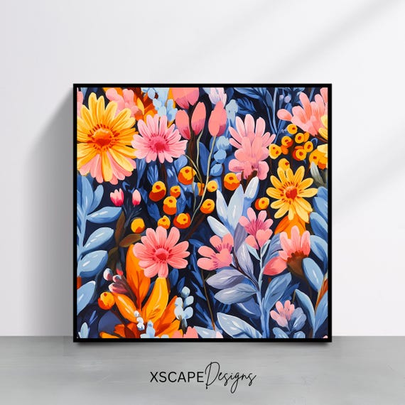 Vibrant Floral Wall Art Print Colorful Botanical Artwork Square Nature Inspired Decor Bold Flower Painting