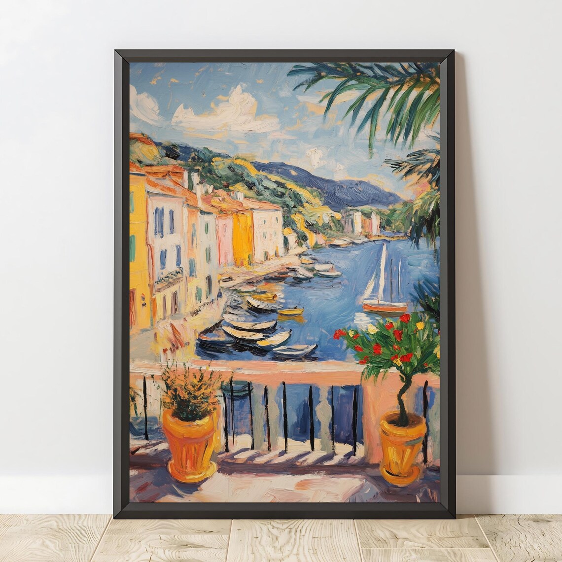 Mediterranean Harbor Terrace Boats Colorful Italian Coastal Art Poster - Image 2