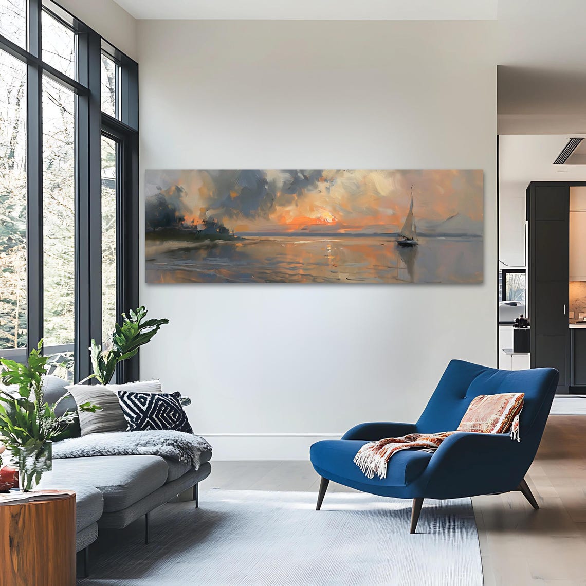 Sailboat Wall Art Long Horizontal Narrow Print Elegant Sunset Landscape Artwork For Above Couch Or Bed - Image 3