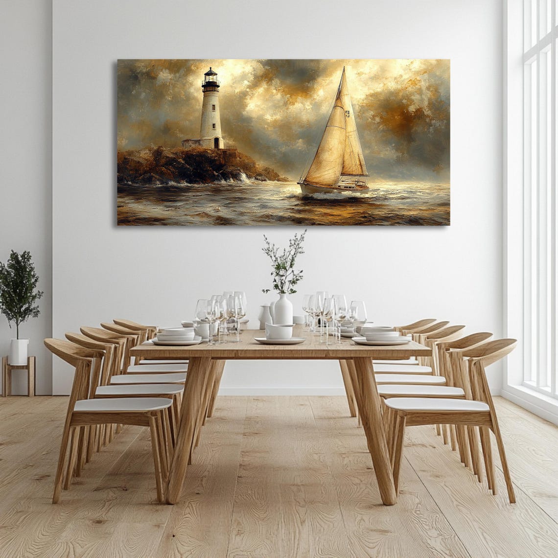 Lighthouse Sailboat Wall Art Long Horizontal Narrow Print Nautical Seascape For Above Couch Or Bed - Image 3
