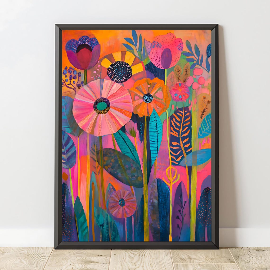 Vibrant Abstract Folk Art Flowers Colorful Botanical Wall Poster - Image 2