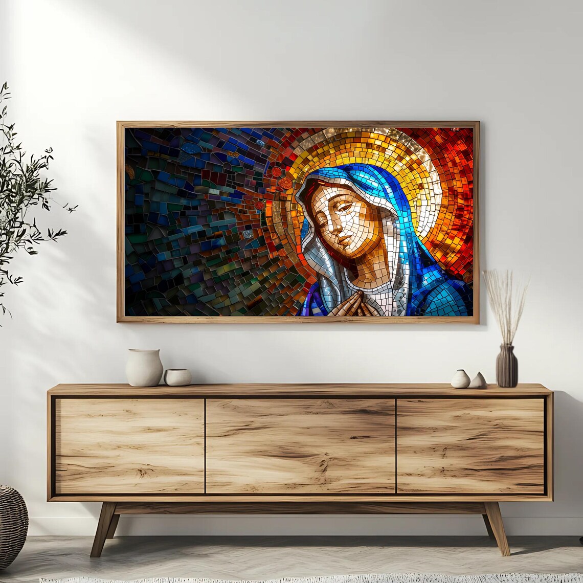 Blessed Virgin Mary Stained Glass Mosaic Golden Halo Christian Art Print Poster - Image 3