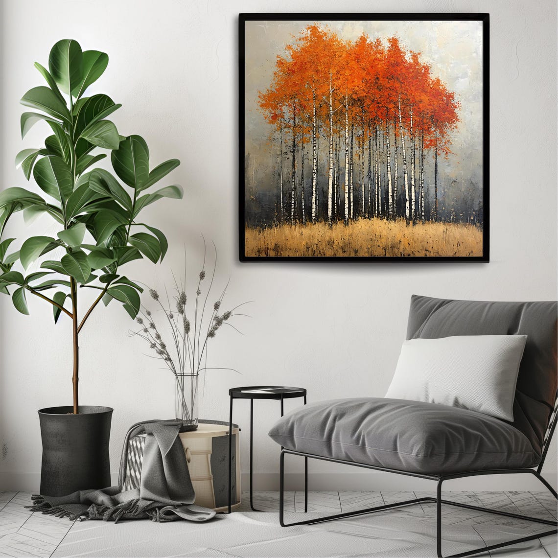 Autumn Birch Forest Orange Canopy White Trunks Misty Landscape Poster - Image 3