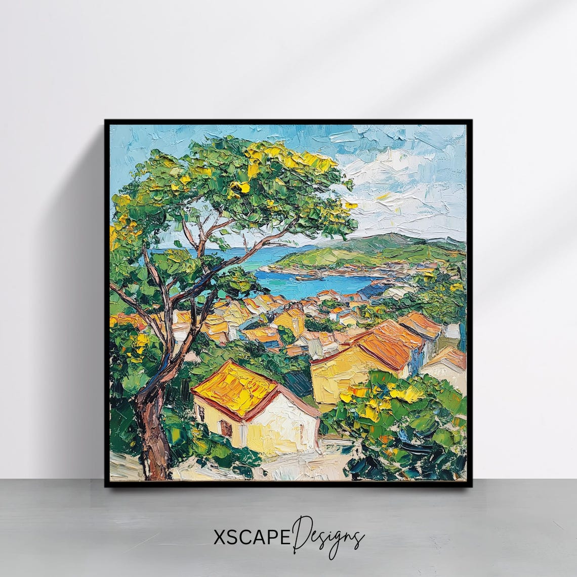 Mediterranean Village Overlook Terracotta Roofs Bay Impasto Art Poster