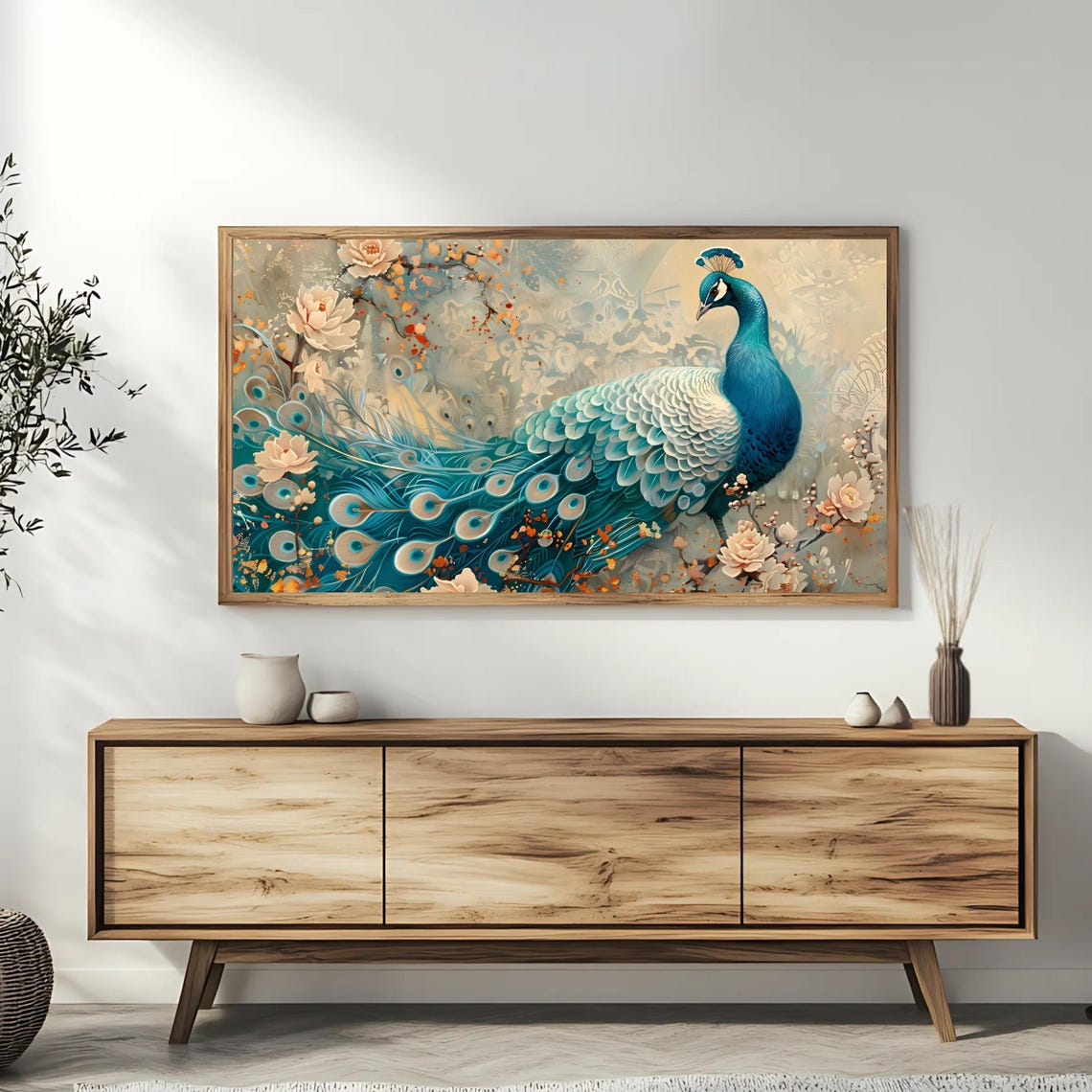 Elegant Teal Peacock Blooming Floral Ornamental Bird Art Print Poster - Image 3