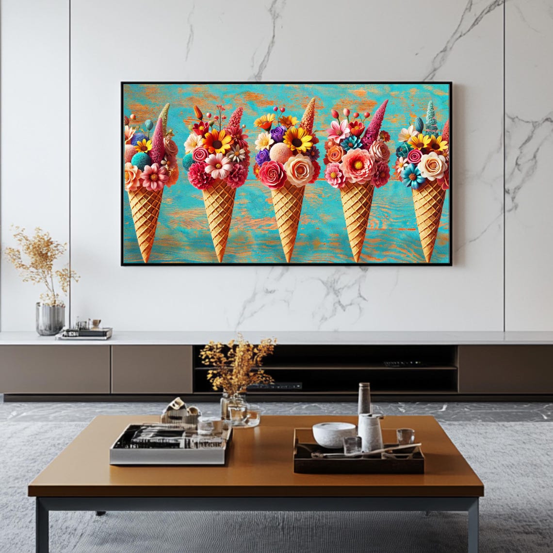 Colorful Flower Bouquets In Ice Cream Cones Whimsical Teal Art Poster - Image 2