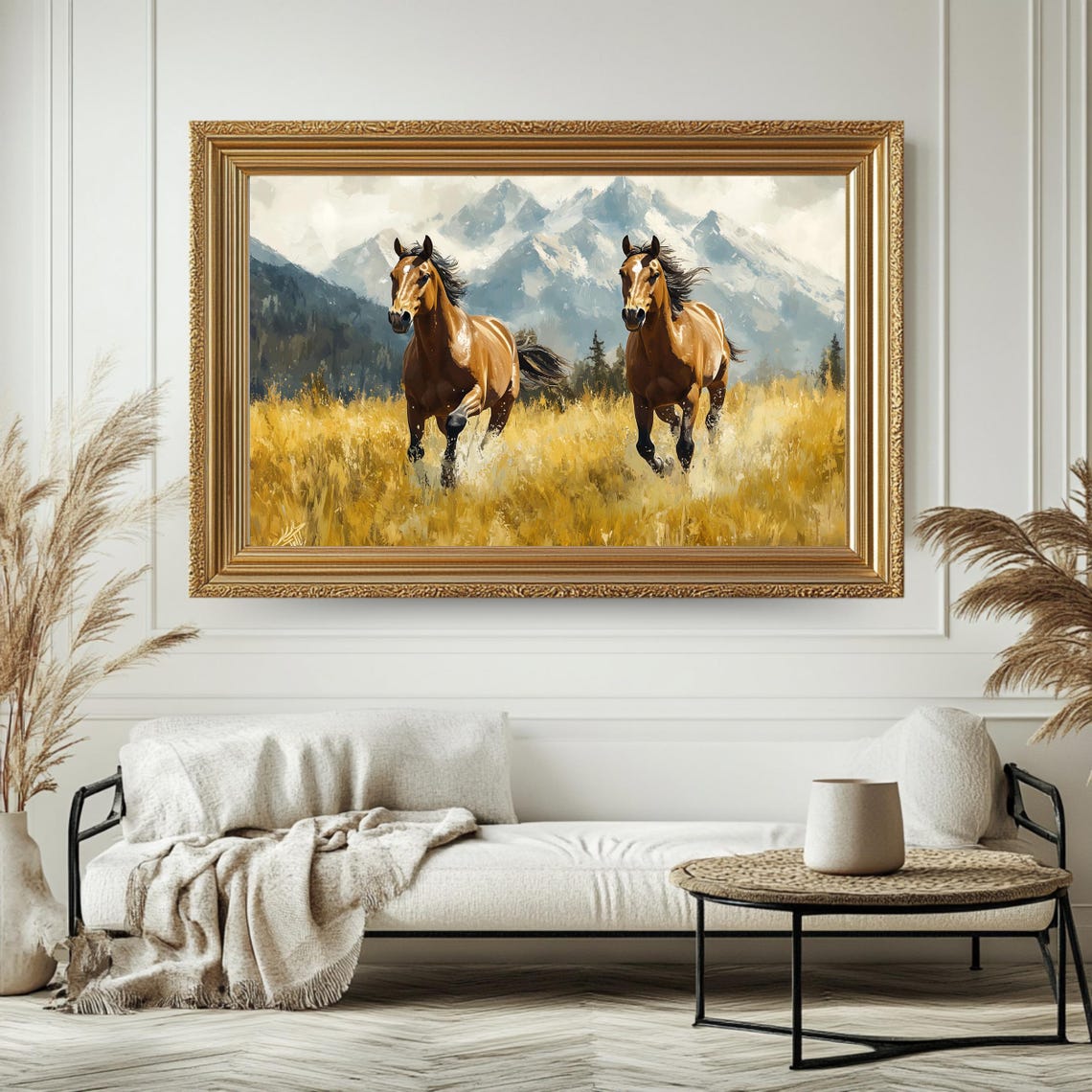 Two Horses Running Golden Field Mountain Landscape Wild Horse Poster - Image 4