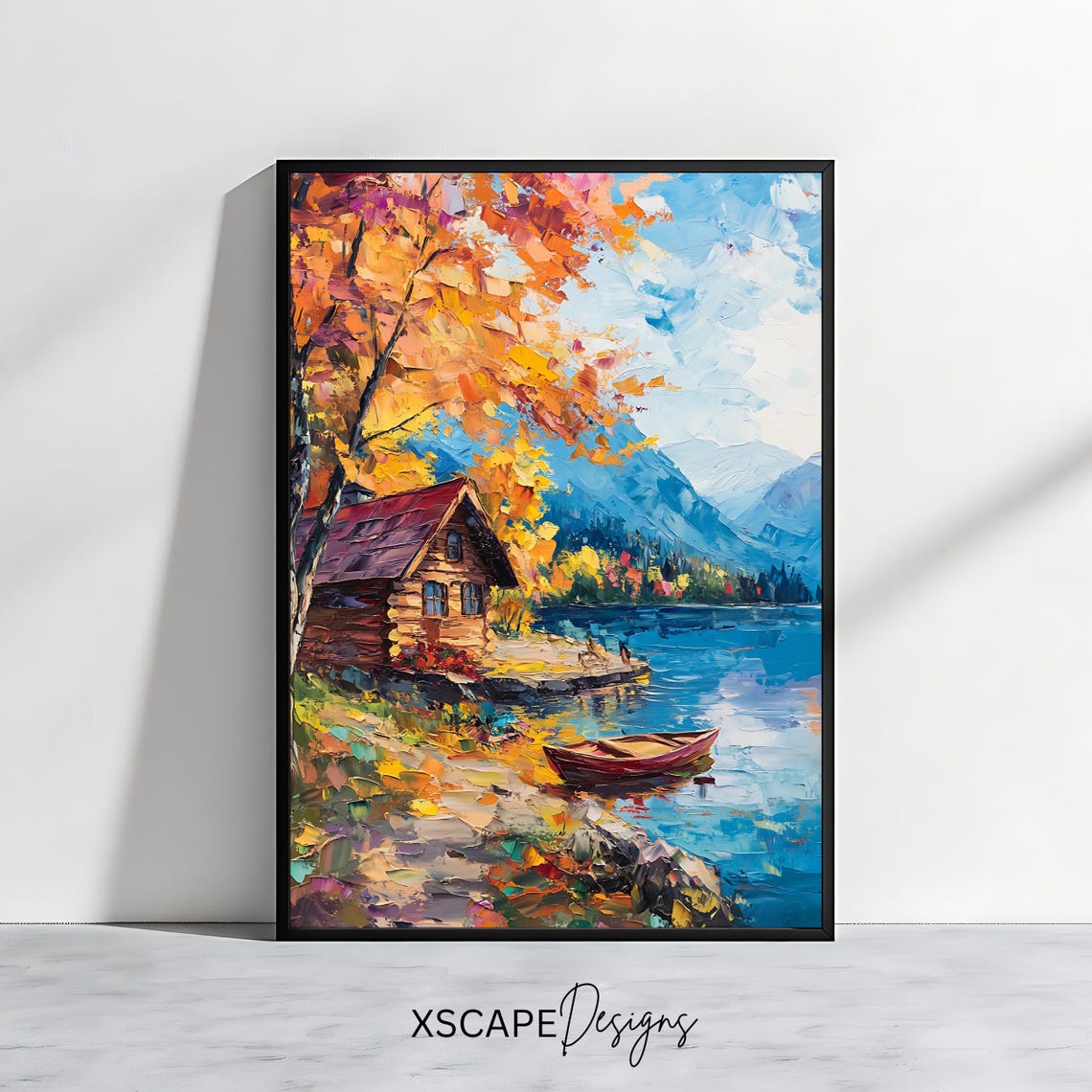 Rustic Log Cabin Autumn Lake Red Canoe Mountain Landscape Art Poster