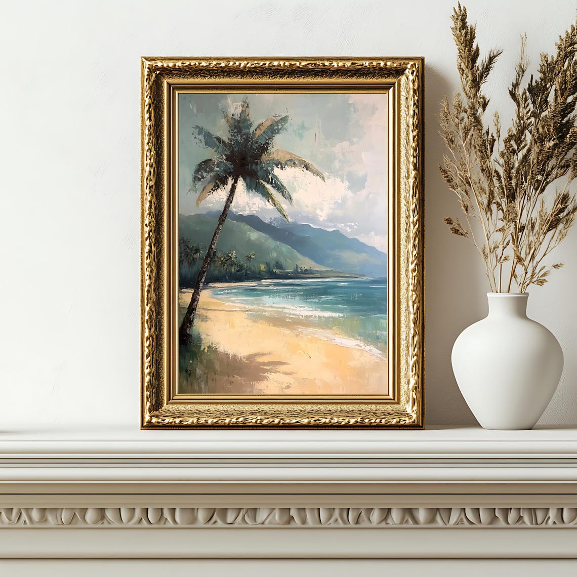 Vintage Palm Tree Tropical Beach Mountain Coastline View Poster - Image 2