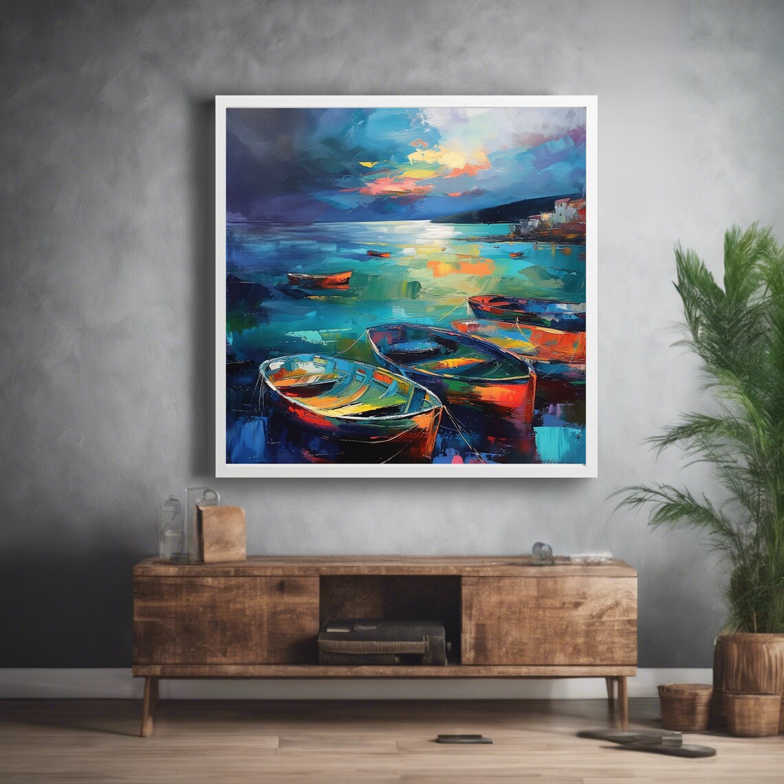Harbor Fishing Boats Sunset Mooring Colorful Seascape Art Print Poster - Image 3