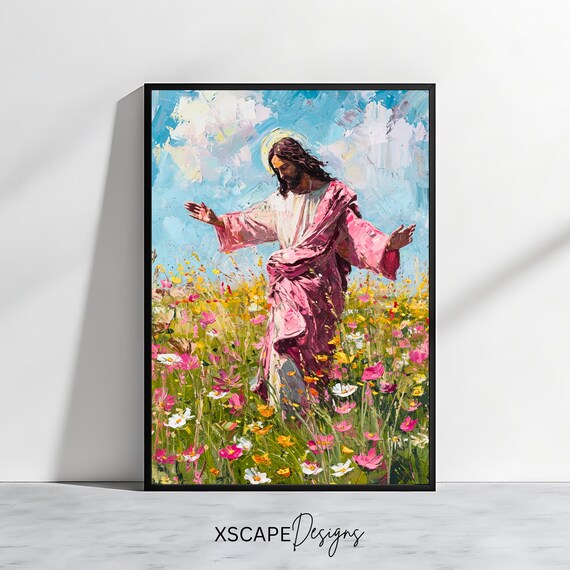 Jesus Christ Walking Wildflower Meadow Pink Robe Christian Wall Art Poster