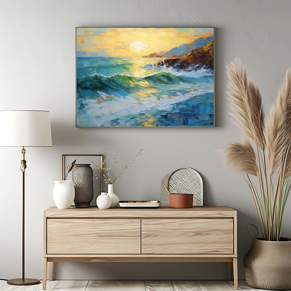 Ocean Sunrise Turquoise Waves Golden Sun Rocky Coast Impasto Wall Art - Image 3