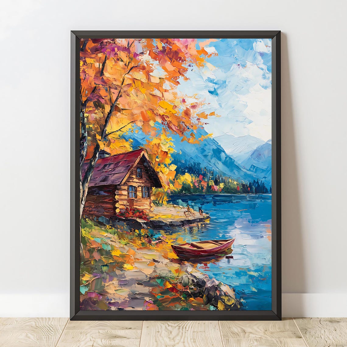 Rustic Log Cabin Autumn Lake Red Canoe Mountain Landscape Art Poster - Image 2