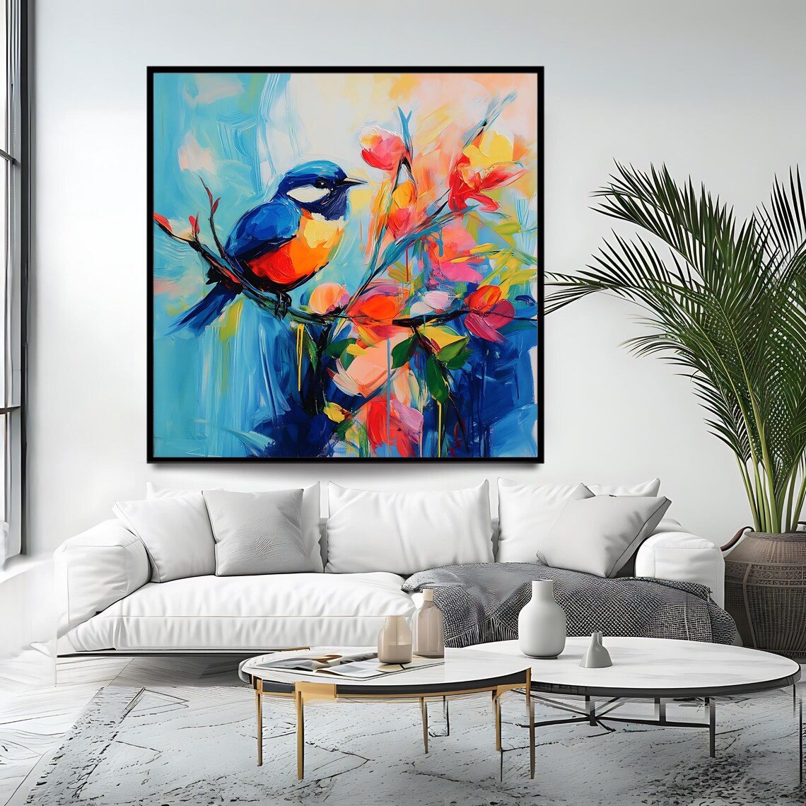 Vivid Blue Songbird Blossoming Branch Colorful Nature Oil Art Poster - Image 4