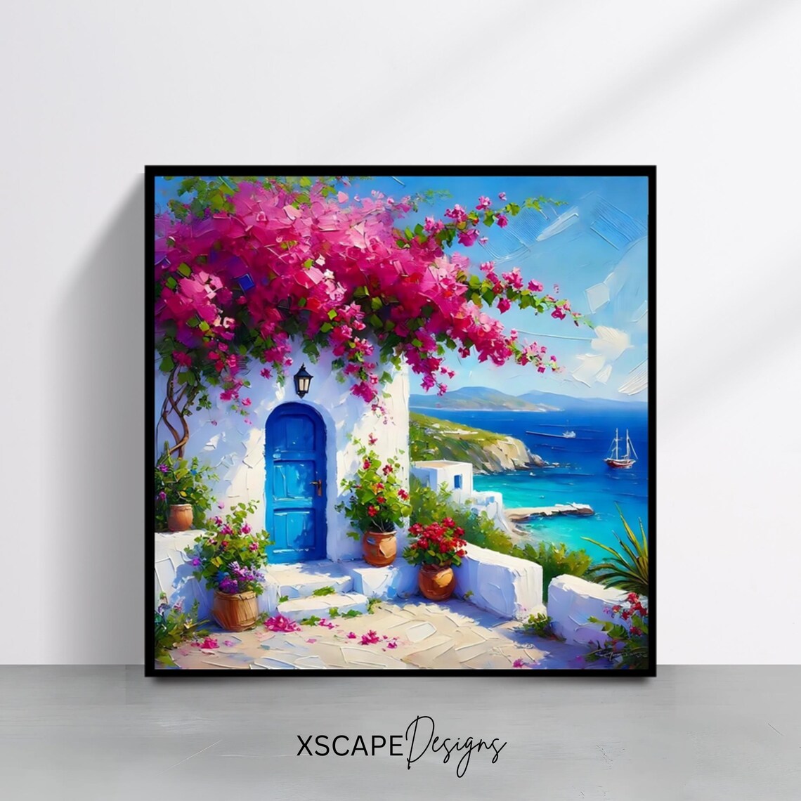 Santorini Greece Blue Door Bougainvillea Sailboats Coastal View Print