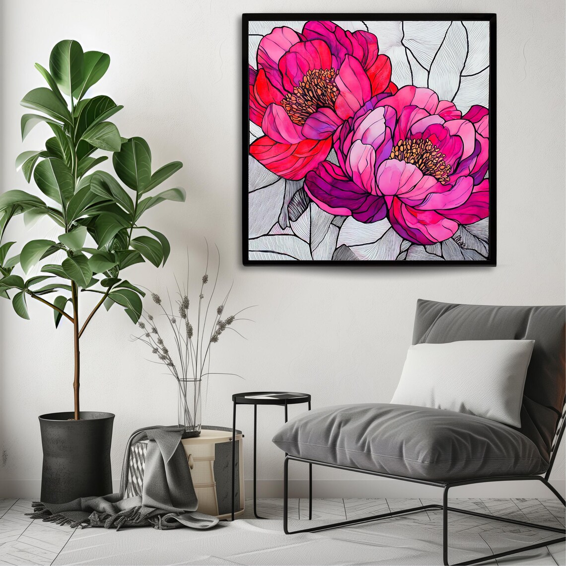 Pink Magenta Peony Blossoms Stained Glass Style Floral Wall Art Poster - Image 3