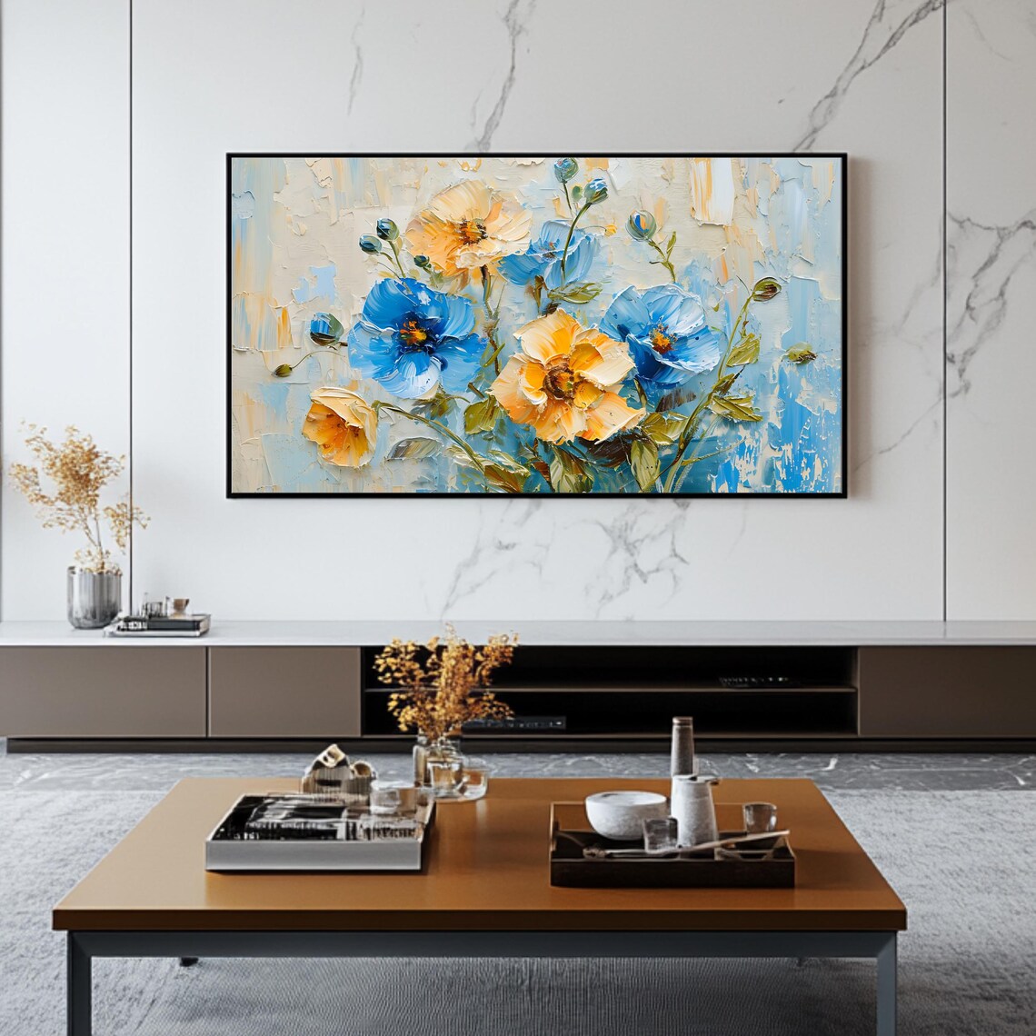 Blue And Gold Poppies Impasto Floral Painting Wall Art Poster - Image 2