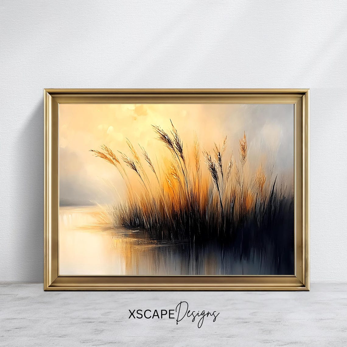 Golden Reeds Sunset Lakeside Misty Water Vintage Nature View Poster