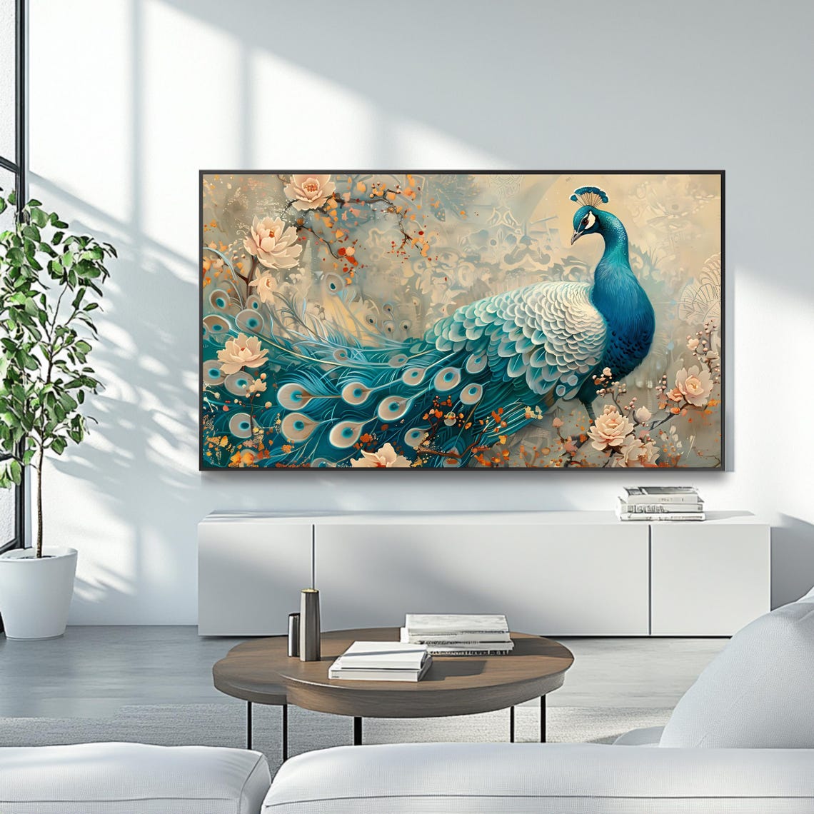 Elegant Teal Peacock Blooming Floral Ornamental Bird Art Print Poster - Image 4