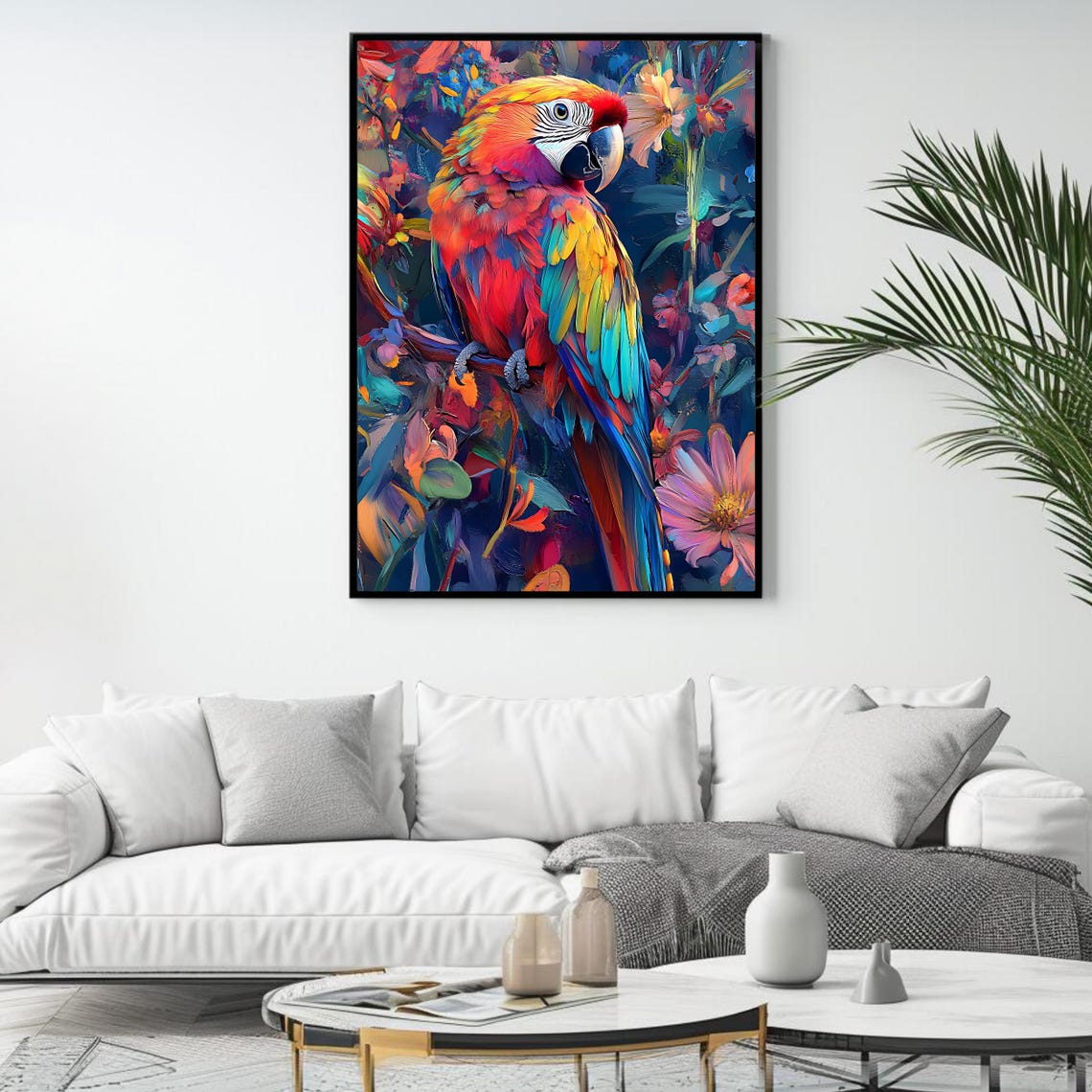 Scarlet Macaw Parrot Colorful Tropical Flowers Exotic Bird Art Print - Image 4