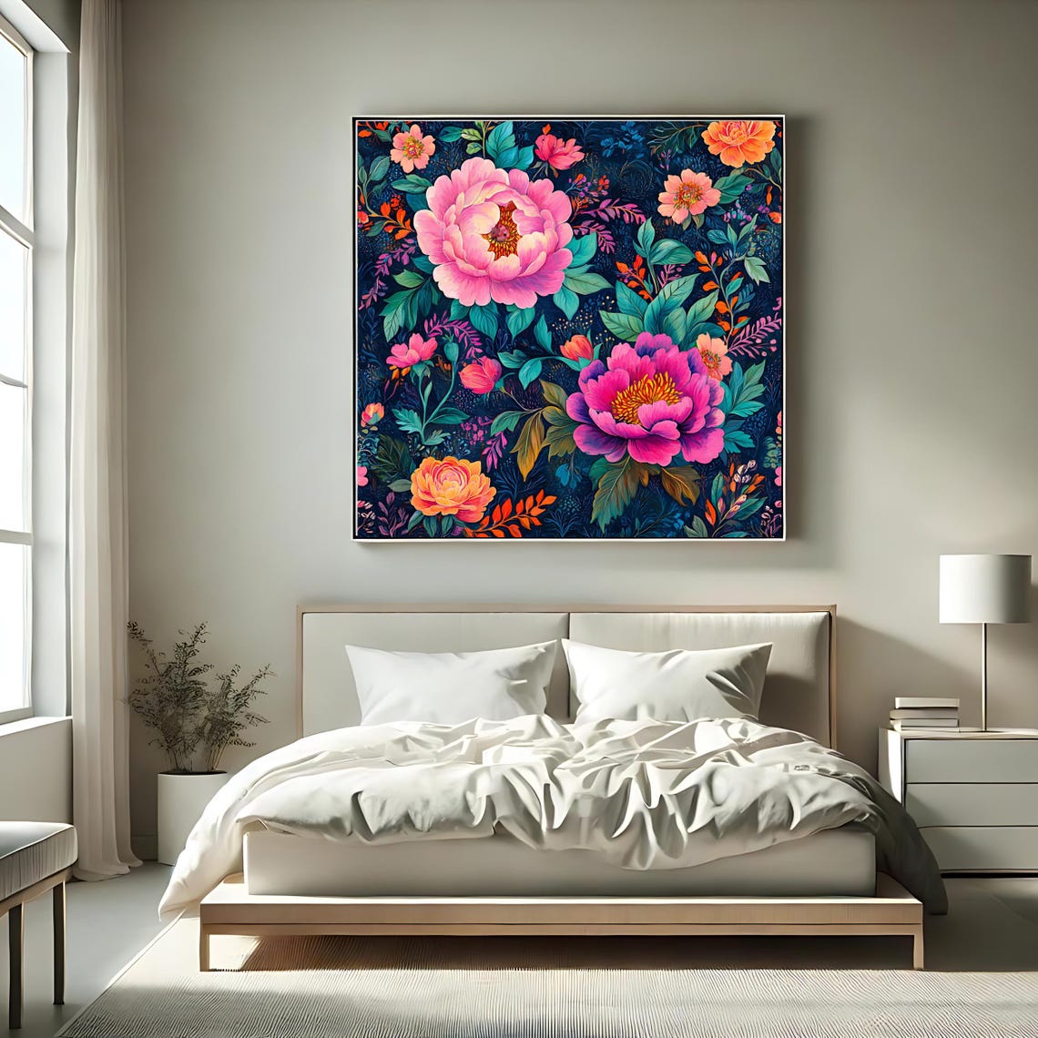Vibrant Pink Peony Floral Pattern Midnight Blue Botanical Art Print - Image 2