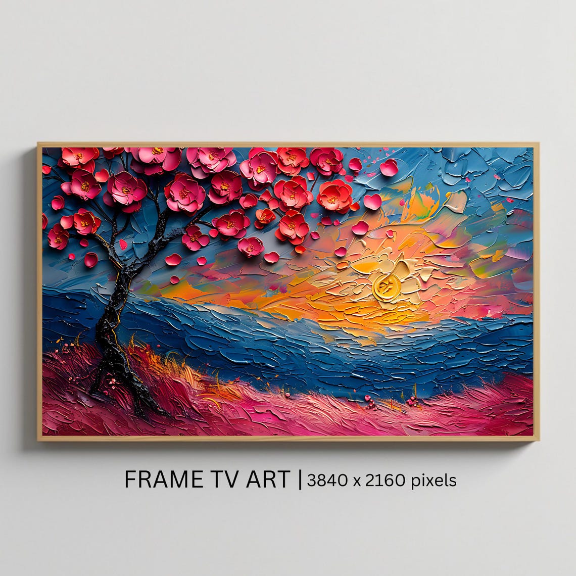 Cherry Blossom Tree Sunset Ocean Waves Textured 3D Floral Art Poster