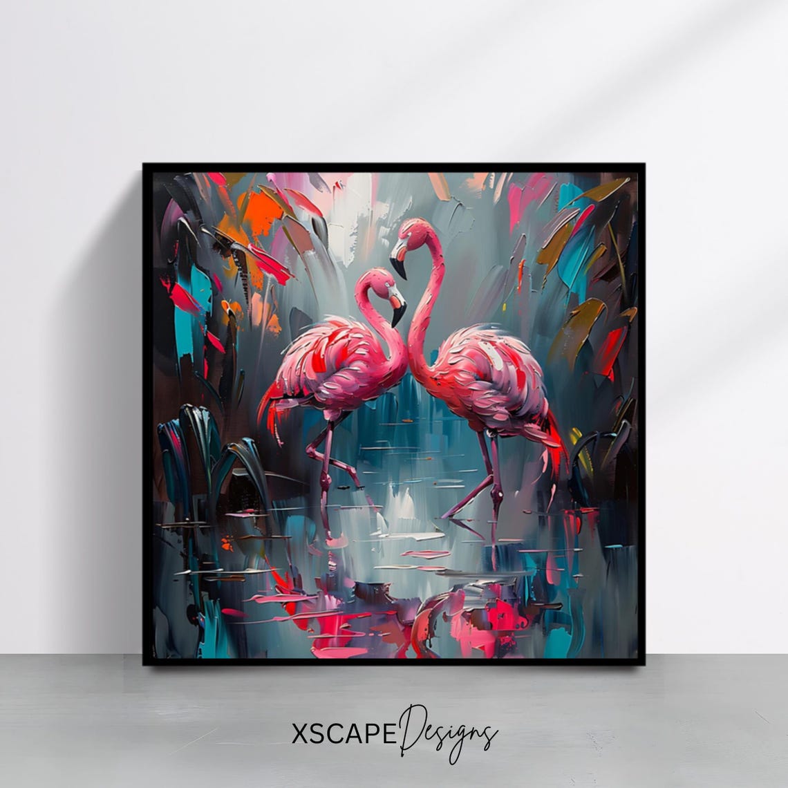 Pink Flamingo Pair Impasto Painting Tropical Bird Wall Art Poster