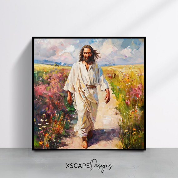 Jesus Walking Through Blooming Flower Field White Robe Faith Painting Poster