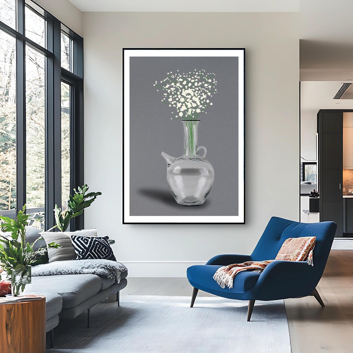 Lebanese Ibrik Glass Jug Baby Breath Flowers Minimalist Wall Art Print - Image 3