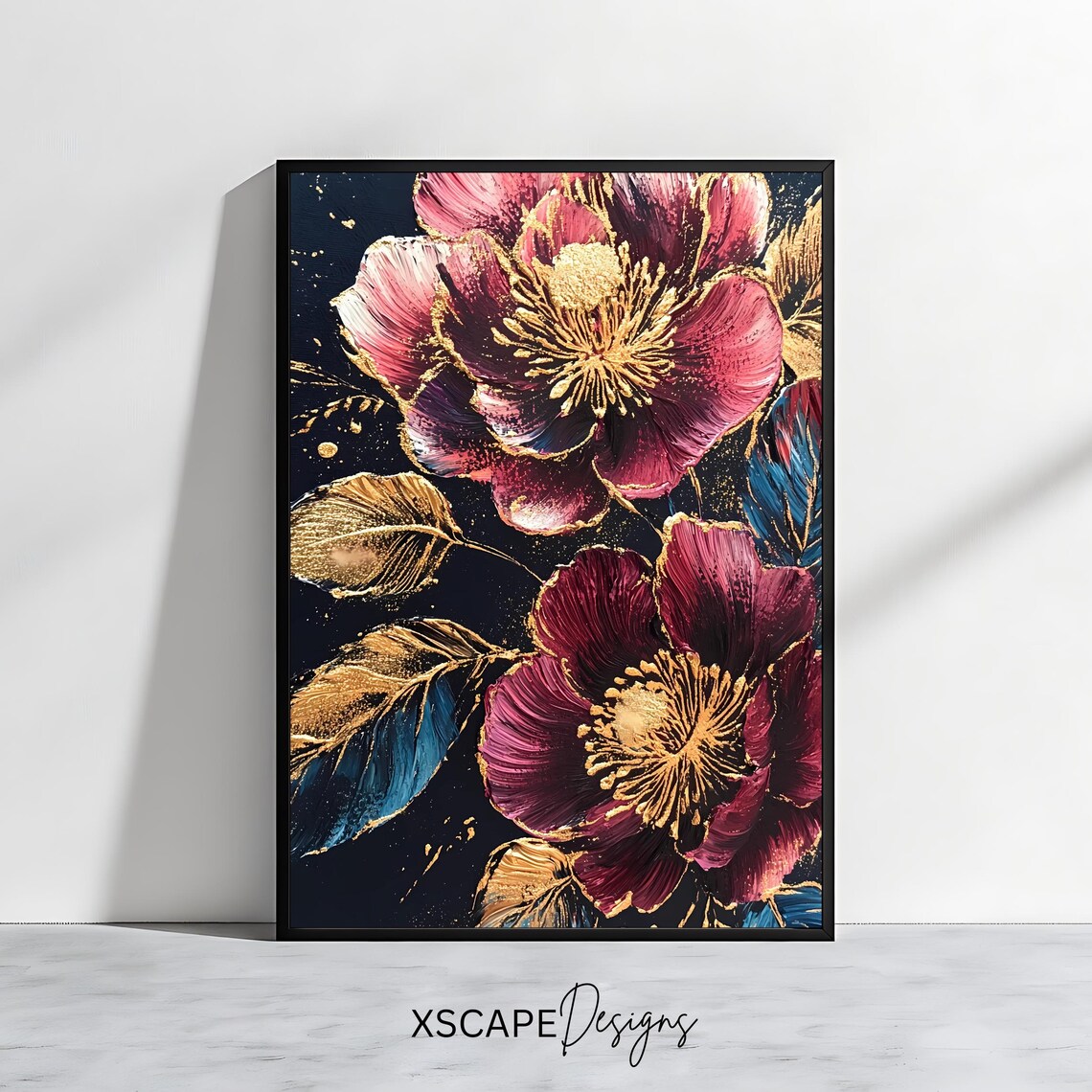 Gold Floral Artwork, Elegant Botanical Decor