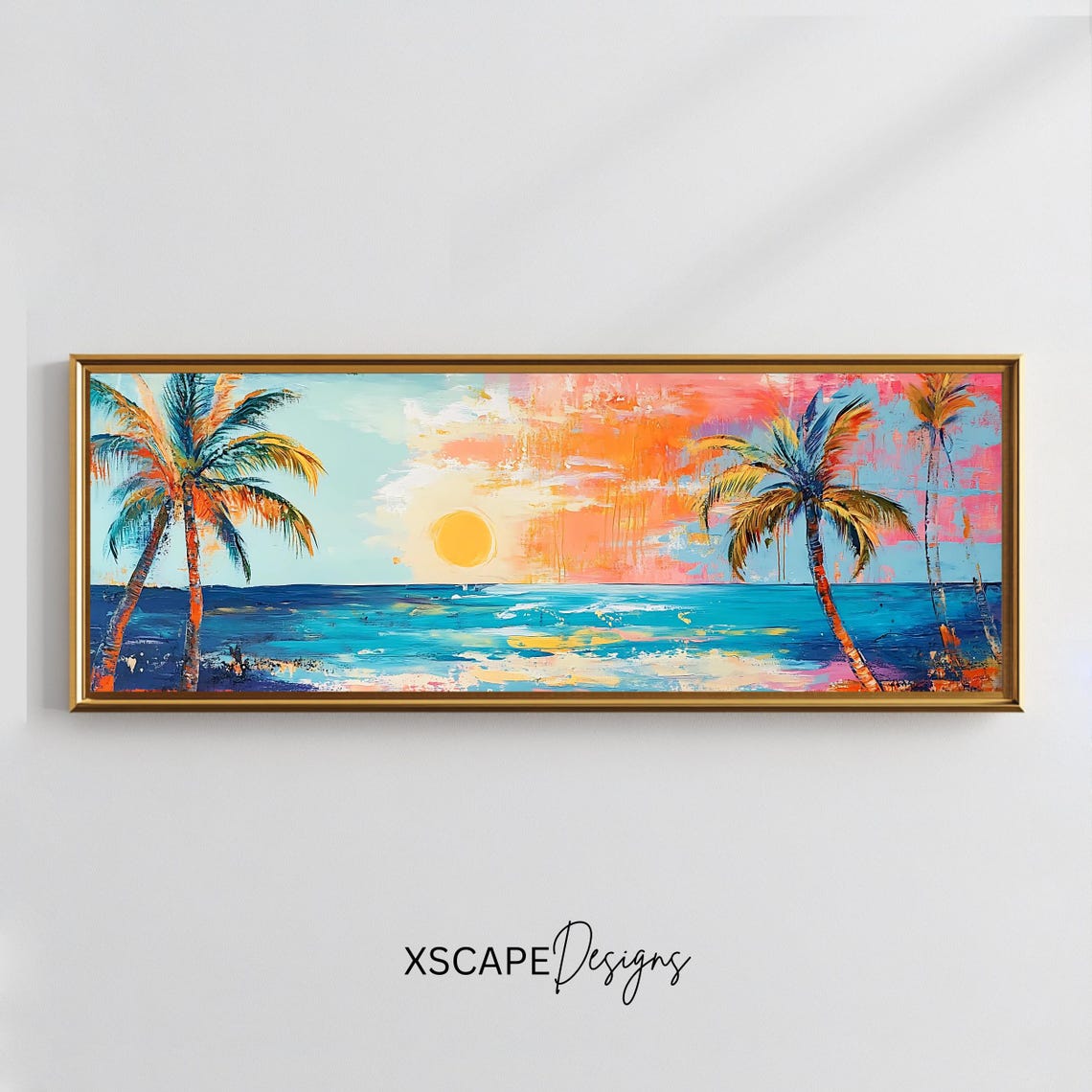 Tropical Palm Beach Sunset Pastel Ocean Horizon Vibrant Travel Poster