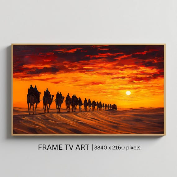 Desert Caravan Sunset Art For Frame Tv Vibrant Sahara Scene Roku Screensaver Smart Tv Wall Art