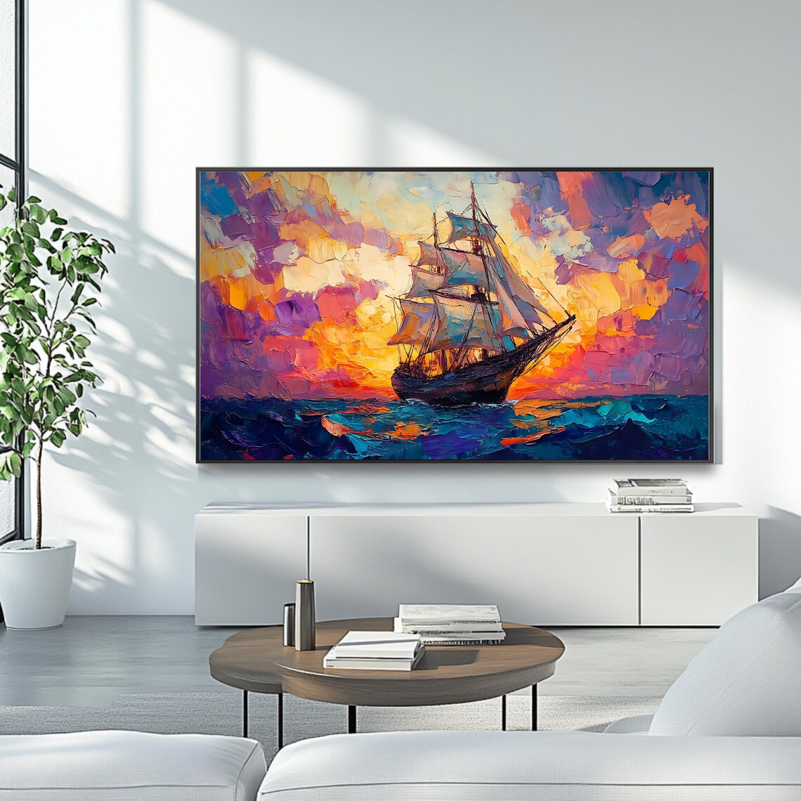 Sailing Ship At Sunset Art Frame Tv Art Roku Screensaver Vibrant Nautical Ocean Scene - Image 4