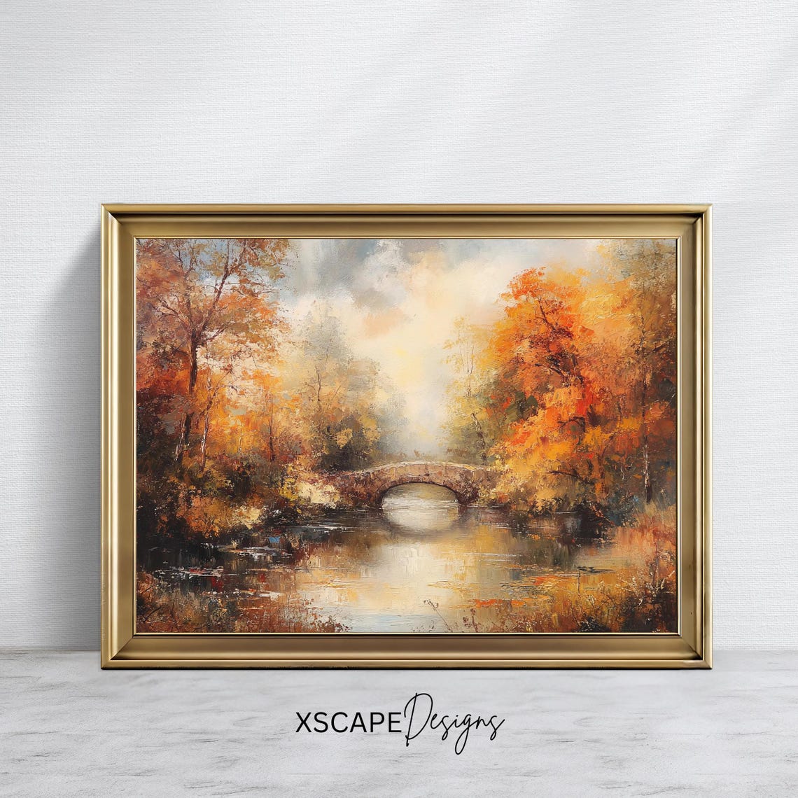 Autumn Stone Arch Bridge Over River Orange Fall Foliage Travel Poster
