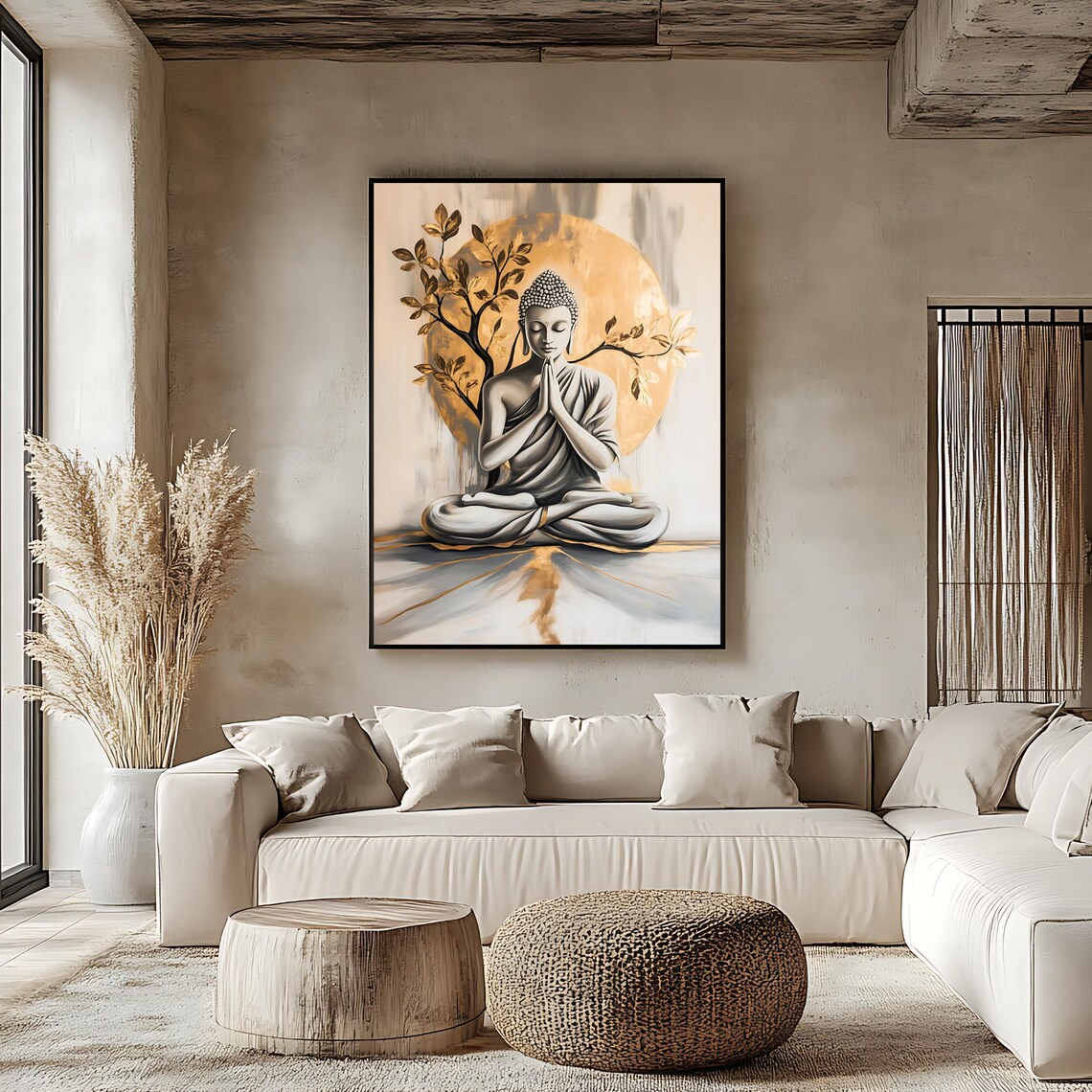 Meditating Buddha Before a Golden Moon Zen Spiritual Art Poster - Image 2