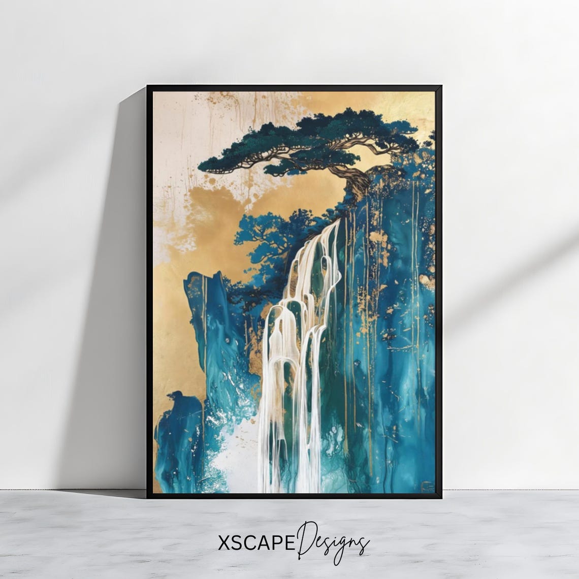 Golden Teal Japanese Waterfall Pine Tree Abstract Art Print Poster