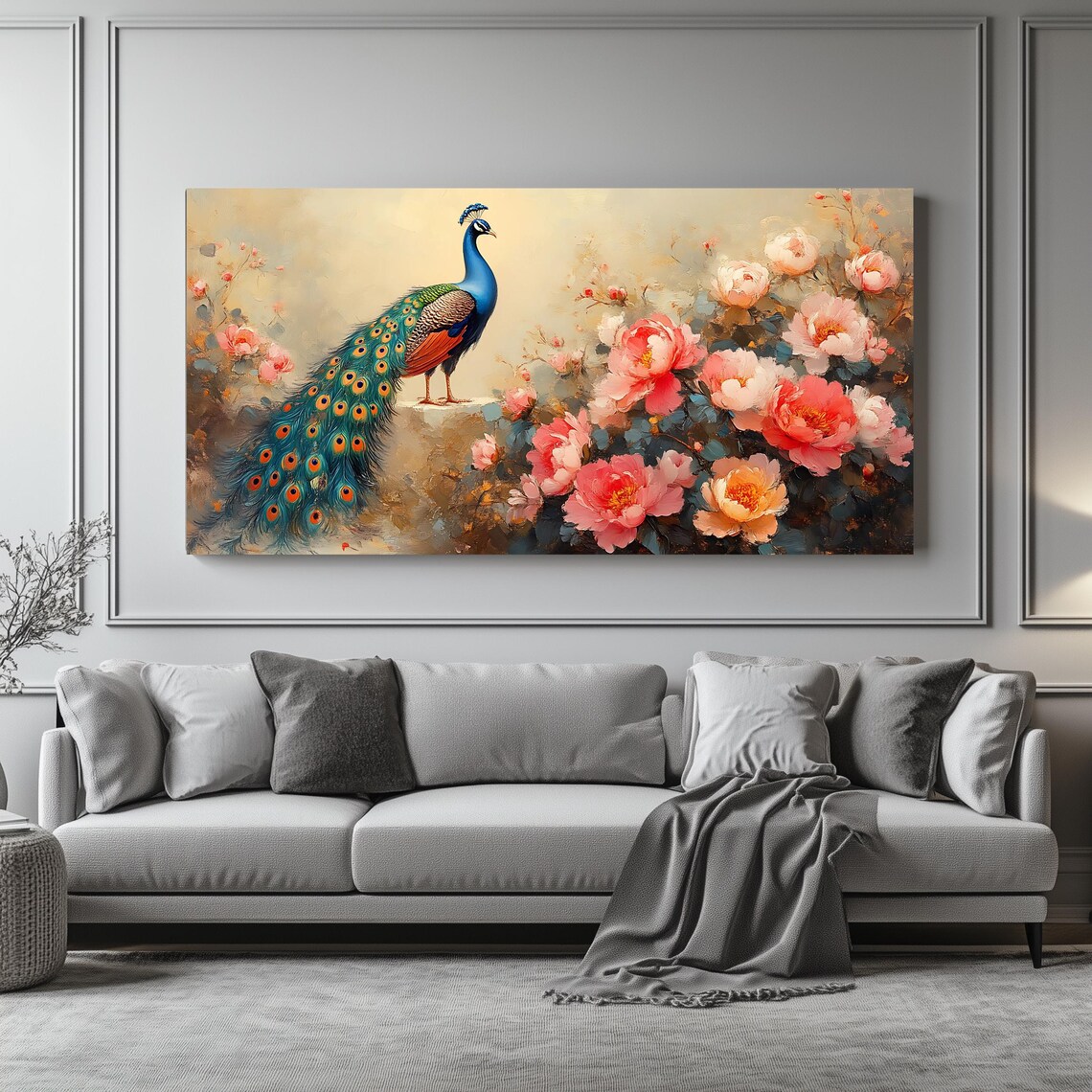 Peacock Among Pink Peonies Elegant Panoramic Oil Style Floral Wall Art - Image 4