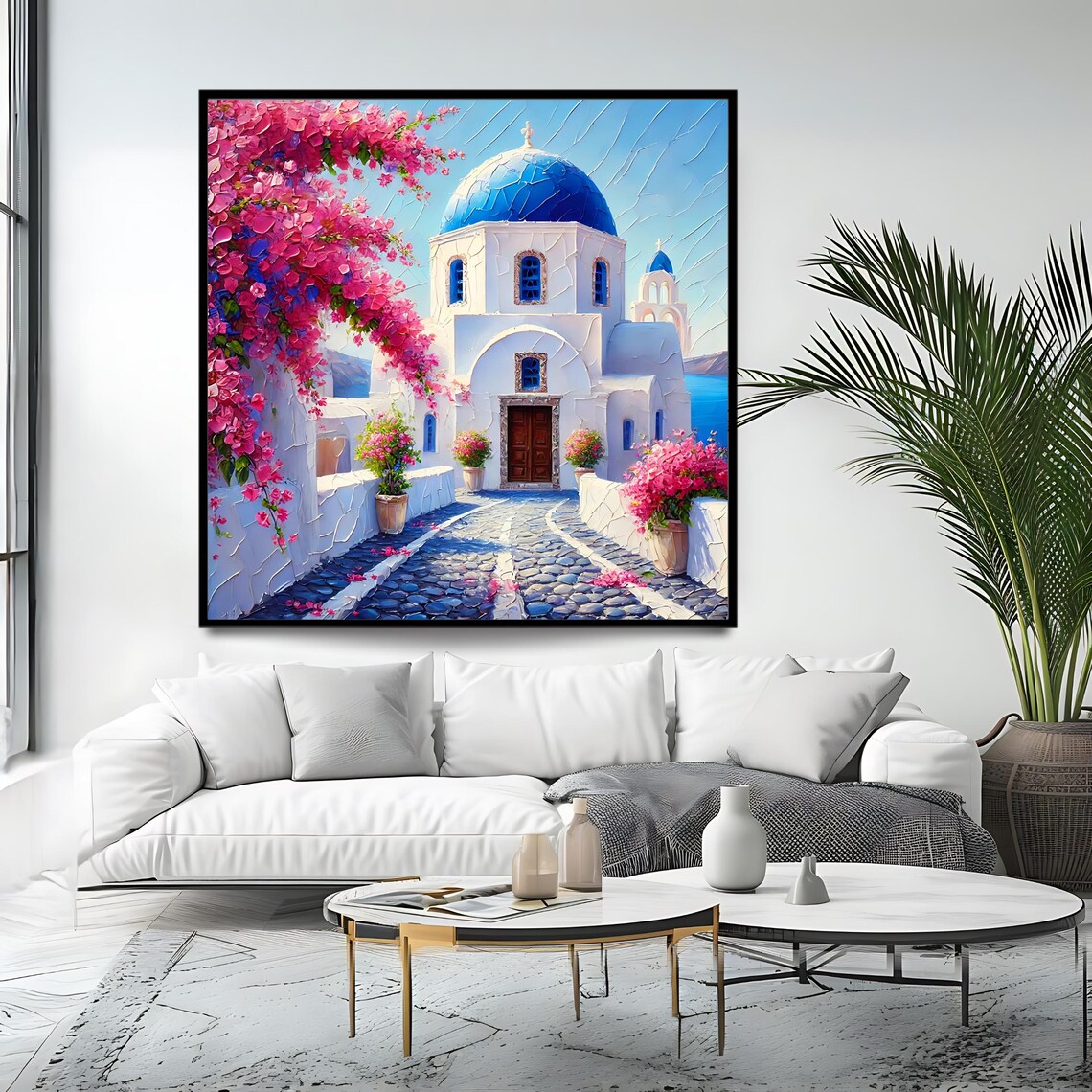 Santorini Blue Dome Church Cobblestone Lane Bougainvillea Travel Poster - Image 4