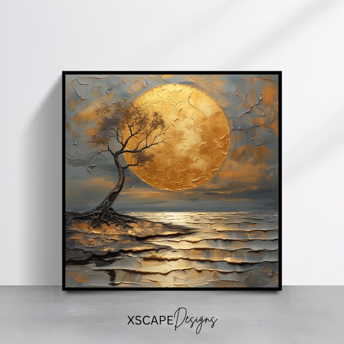 Golden Moon Wall Art Abstract Moonlight Print Surreal Landscape Painting For Home Decor