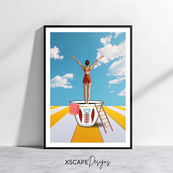 Lebanese Coffee Cup Pool Art Print Surreal Summer Wall Decor Middle Eastern Artwork Dreamy Swim Illustration