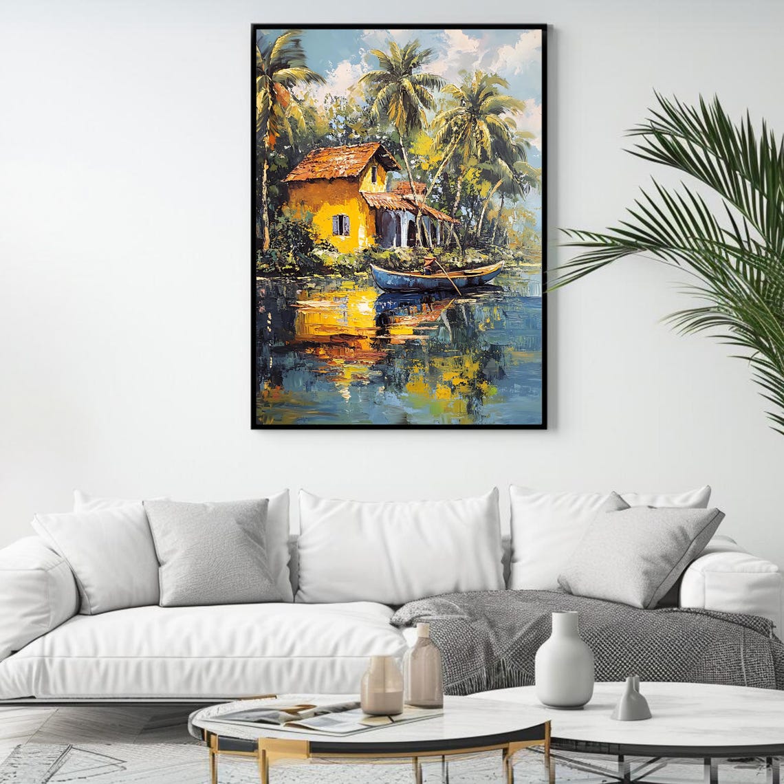Tropical Lake House Palm Trees Canoe Golden Reflections Island Poster - Image 4