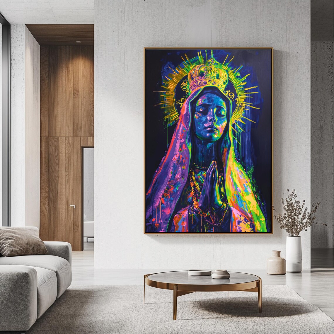 Neon Virgin Mary Golden Crown Praying Hands Modern Catholic Wall Art Poster - Image 3